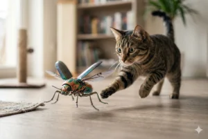 Gato doméstico malhado em posição de ataque saltando sobre um micro-robô biomimético em formato de inseto metálico com asas translúcidas em uma sala de estar com piso de madeira.