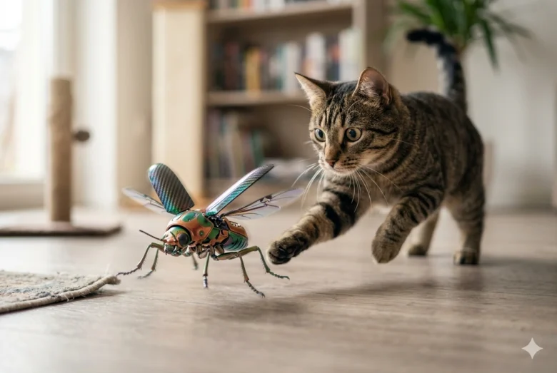Gato doméstico malhado em posição de ataque saltando sobre um micro-robô biomimético em formato de inseto metálico com asas translúcidas em uma sala de estar com piso de madeira.
