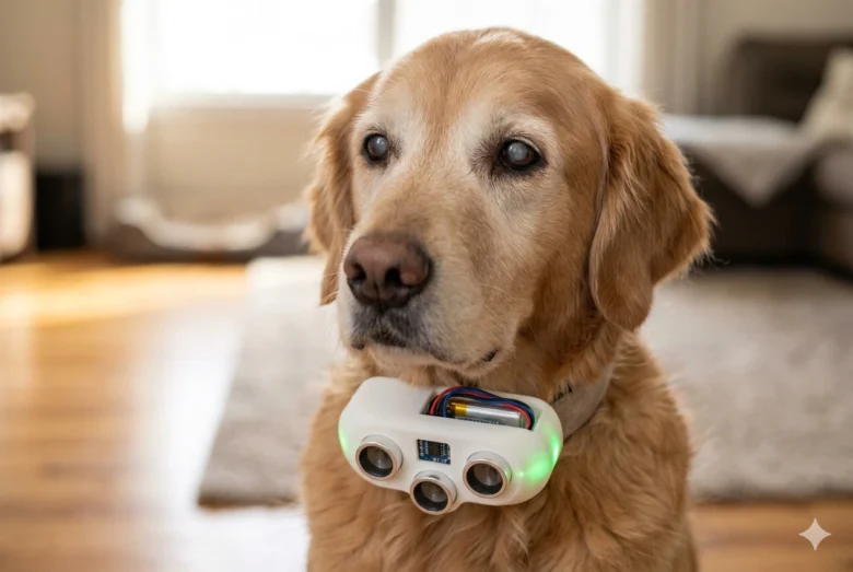 Cão da raça Golden Retriever idoso usando um dispositivo robótico de navegação acoplado à coleira, equipado com três sensores ultrassônicos frontais e luzes indicadoras de funcionamento em ambiente doméstico.