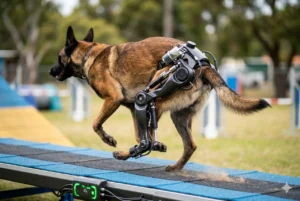 Cão da raça Pastor Belga Malinois utilizando um exoesqueleto robótico de fibra de carbono com pistões hidráulicos em um circuito de treinamento de agilidade ao ar livre.