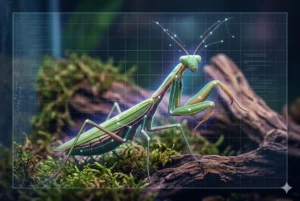Um louva-a-deus em um terrário com sobreposição de gráficos de rede neural, pontos de rastreamento de postura e vetores de movimento nas antenas, representando inteligência artificial aplicada ao comportamento animal.