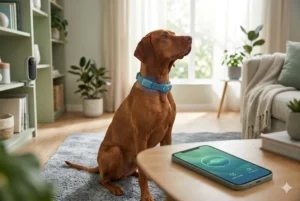 Um cão de médio porte sentado em uma sala de estar, usando uma coleira inteligente com sensores de luz azul, enquanto uma câmera de monitoramento ao fundo e um smartphone em primeiro plano exibem gráficos de análise de ondas cerebrais e comportamento em tempo real.