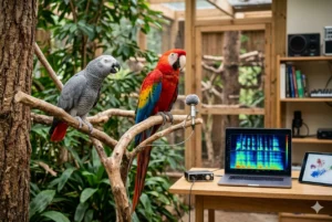 Fotografia de um papagaio-cinzento e uma arara em um viveiro tecnológico, com um microfone profissional captando vocalizações e um notebook ao fundo exibindo um espectrograma colorido de análise de áudio por inteligência artificial.