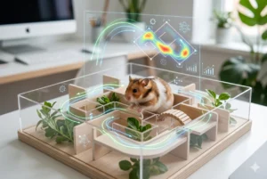 Visão aérea de um hamster em um labirinto de madeira e acrílico com sobreposições gráficas de trajetórias em neon verde e um mapa de calor digital flutuante, representando o rastreamento por visão computacional.